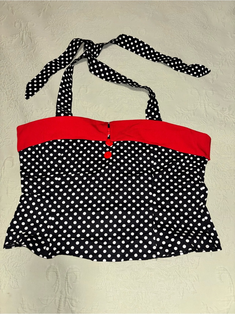 Polka Dot Halter Top Black White Red XXL Stretch Retro Rockabilly NWOT - Picture 3 of 3
